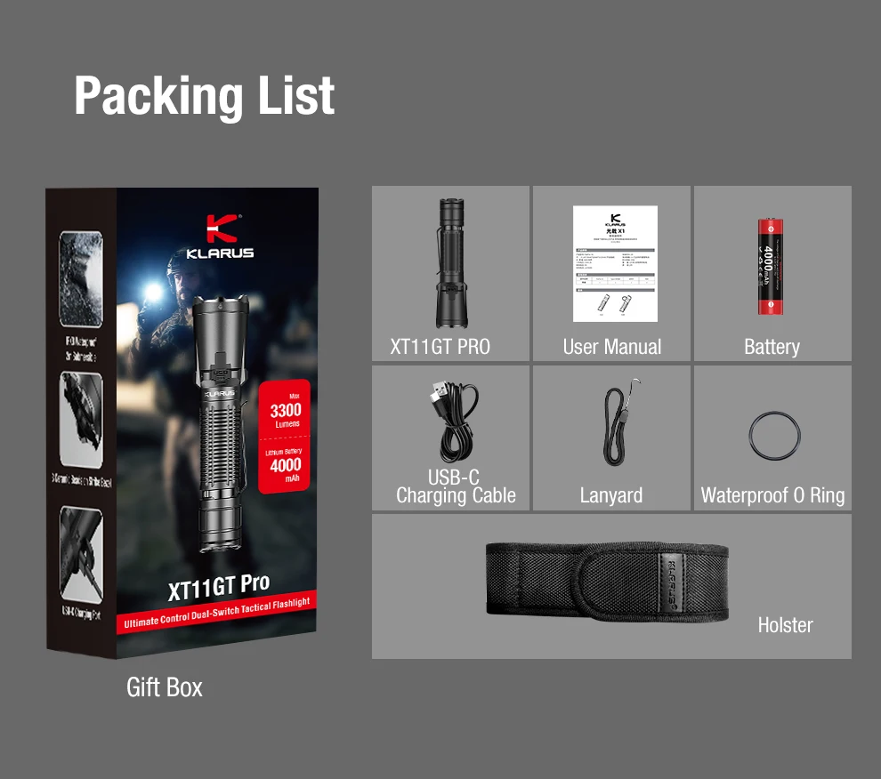 Klarus-戦術的な自己防衛懐中電灯,USB C充電式バッテリー,30Wハイパワー,3300ルーメン,xt11gt pro v3,18650