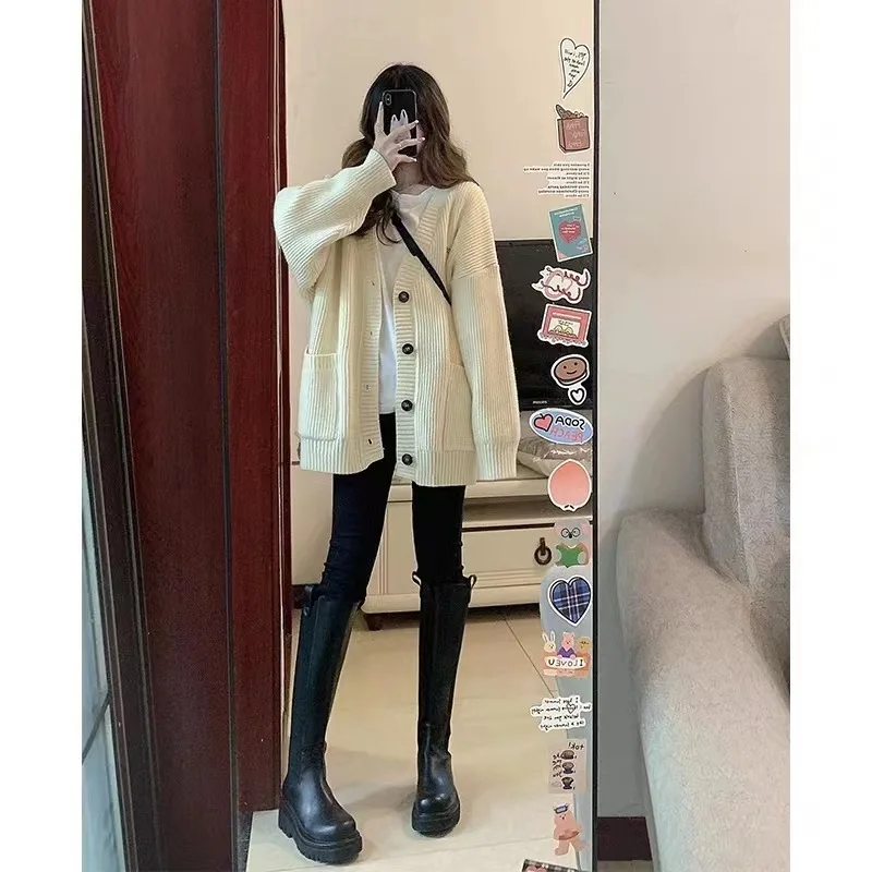 Women Sweater Cardigans Coats Autumn Winter Fashion Female Long Sleeve V-neck Loose Knitted Jackets Casual Cardigan Sweaters