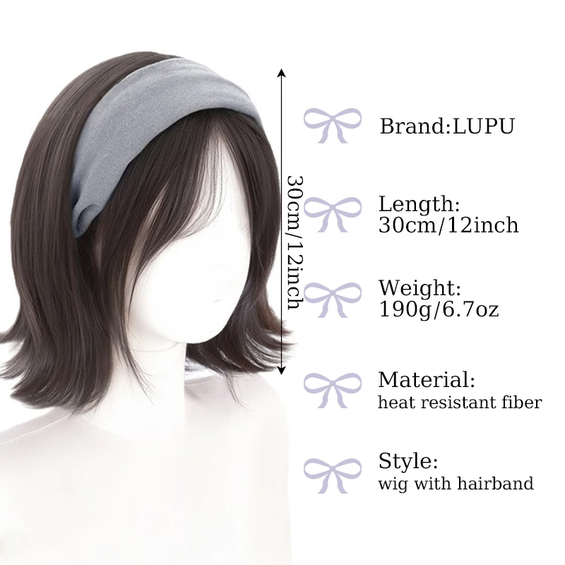 Synthetic Short Women Wig Hair Extensions Black Wig with Removable Headband Short Hair with Hair Bangs for Women Daily Party Use