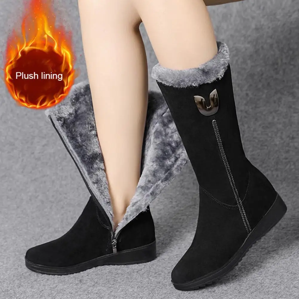1 Pair Snow Boots Side Zipper Closure Middle Tube Women Boots Thickened Fleece Non-Slip Flat Bottom Plush Long