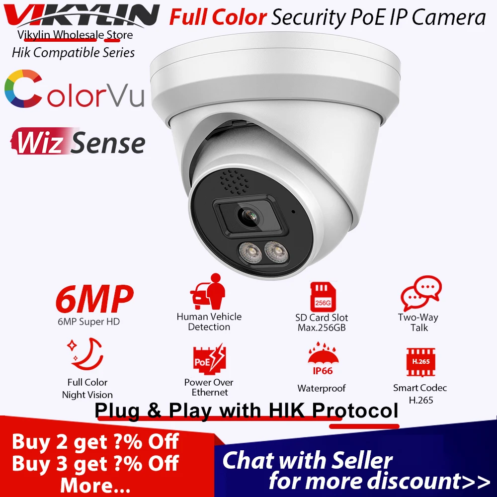 

IP-камера видеонаблюдения Vikylin 6MP ColorVu для Hik совместимая с Onvif POE камера видеонаблюдения с двухсторонним аудио
