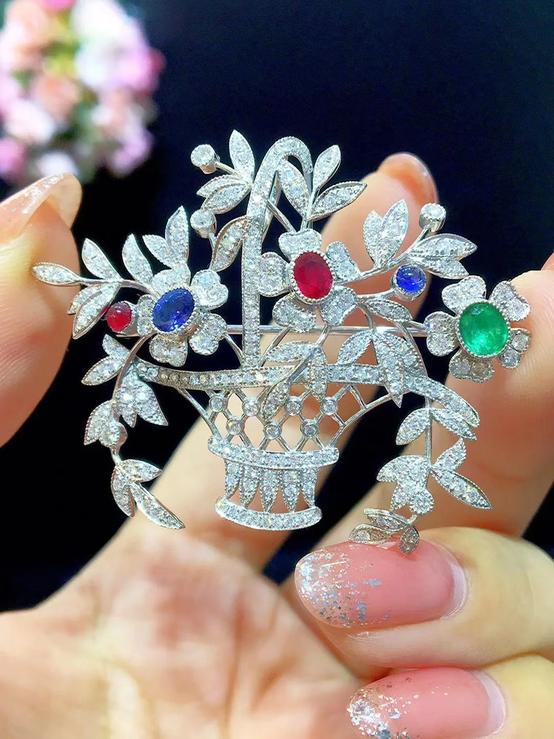 S0d8b5be783b64a56a3aa35d478aad926F genuine jewelry 18K white gold with diamond flower basket brooch & pendant double use ruby emerald sapphire fine women jewelry