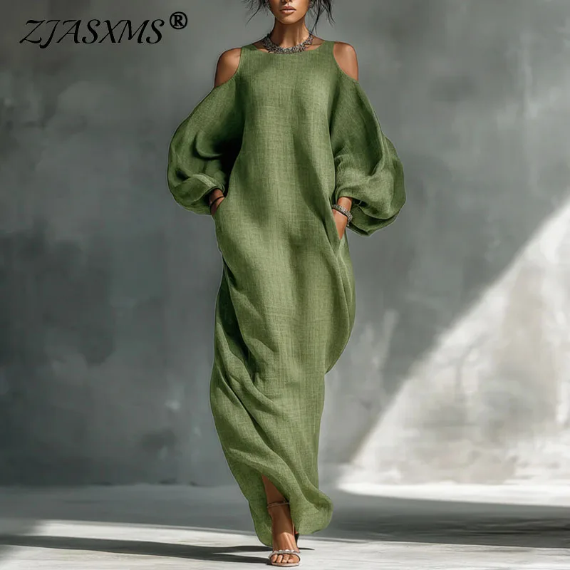 Bohemian Woman Dresses Vacation Sexy Cold Shoulder Lantern Long Sleeve Maxi Dress 2026 Spring Casual O Neck Solid Pullover Dress