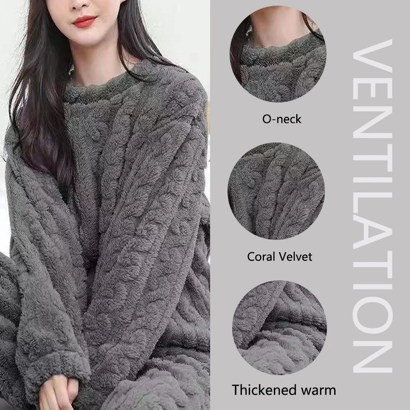 Women's Flannel Pajamas Thickened Warm Autumn and Winter Long-Sleeved Solid Striped Homewear Black Plus Size School Loungewear