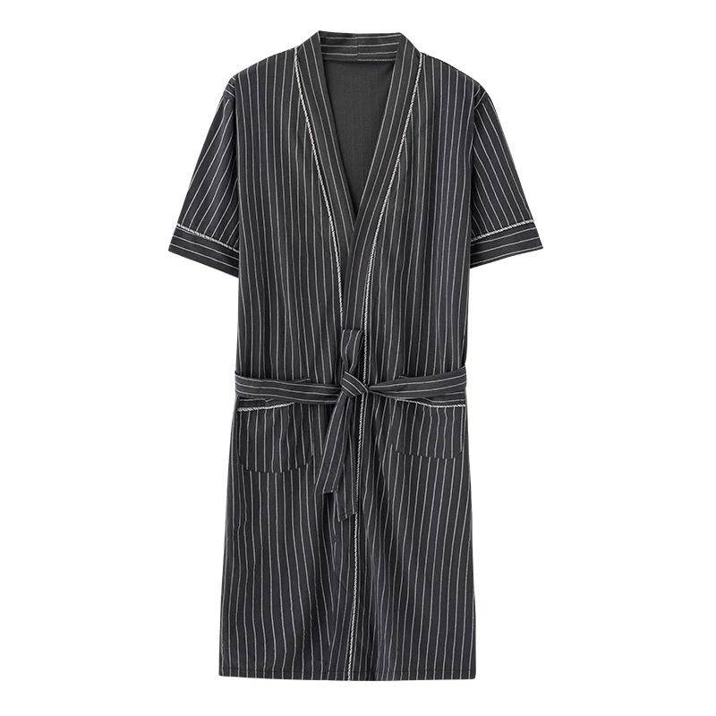 Spring/Summer Combed Cotton Pajamas Men's Plus Size Bathrobe V-Neck Kimono Pajama Stripes Men's Pajama Home Furnishings