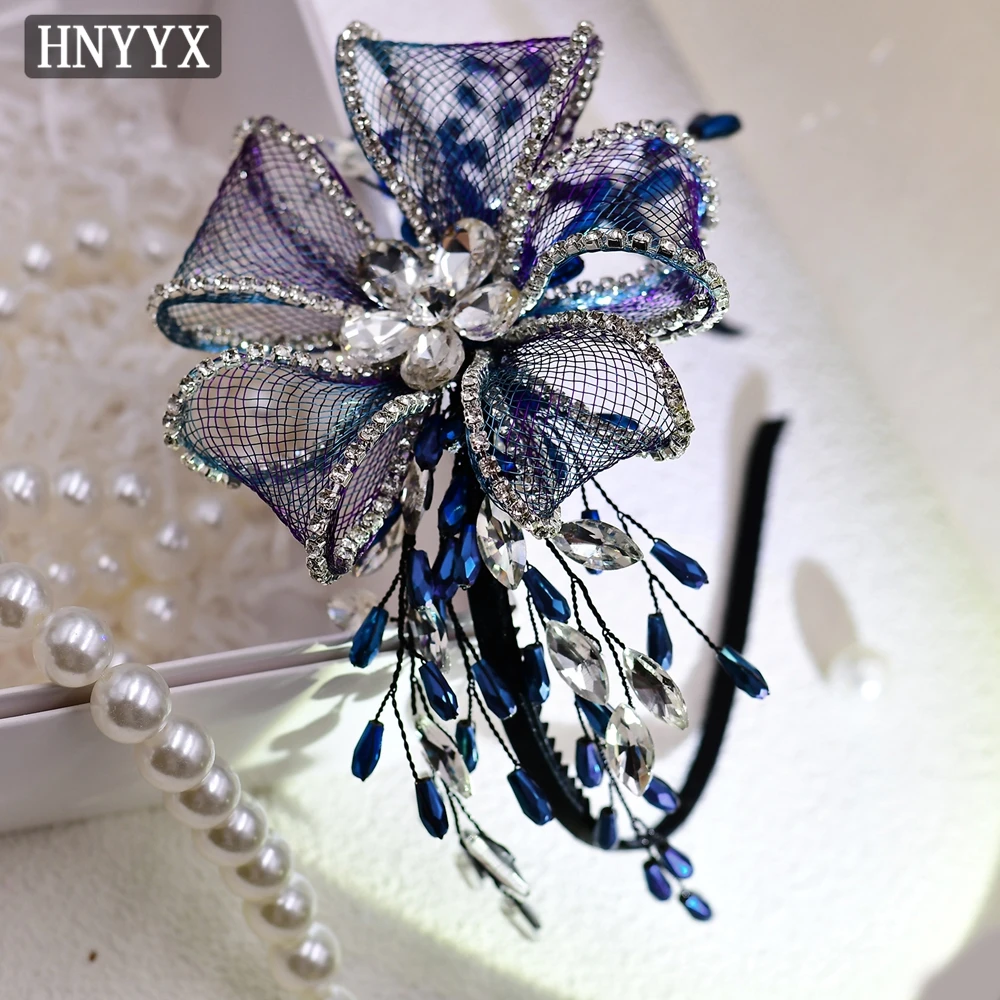 HNYYX Vintage Blue Crystal Hair Accessories Flower Mesh Headband Baroque Fashion Headpieces for Women Bridal Jewelry Gift A220