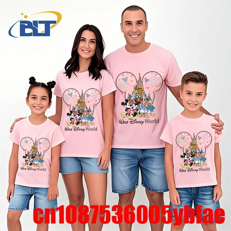 Disney World Mickey And Friends Print T-shirt Dad and mom kids Cotton Short Sleeve Family Matching Outfits Casual Top 4