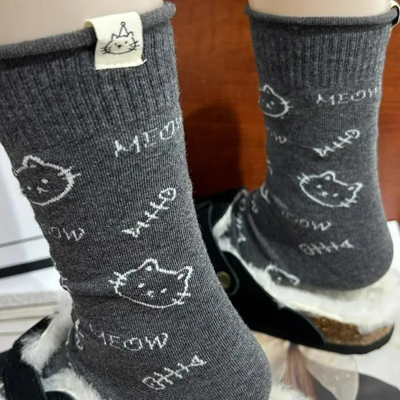 3pairs Comfortable Mid-Calf Cat Printed Socks Cute Breathable Soft Sock Kawaii Fashion Socks High Quality Warm Casual Socks