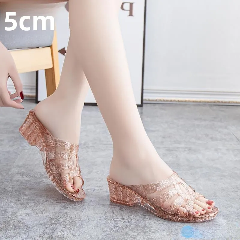 Women's Crystal Slippers Anti-Slip Deodorant Wedge Heel Indoor Outdoor Slippers Summer Wear Comfortable Home Shoes