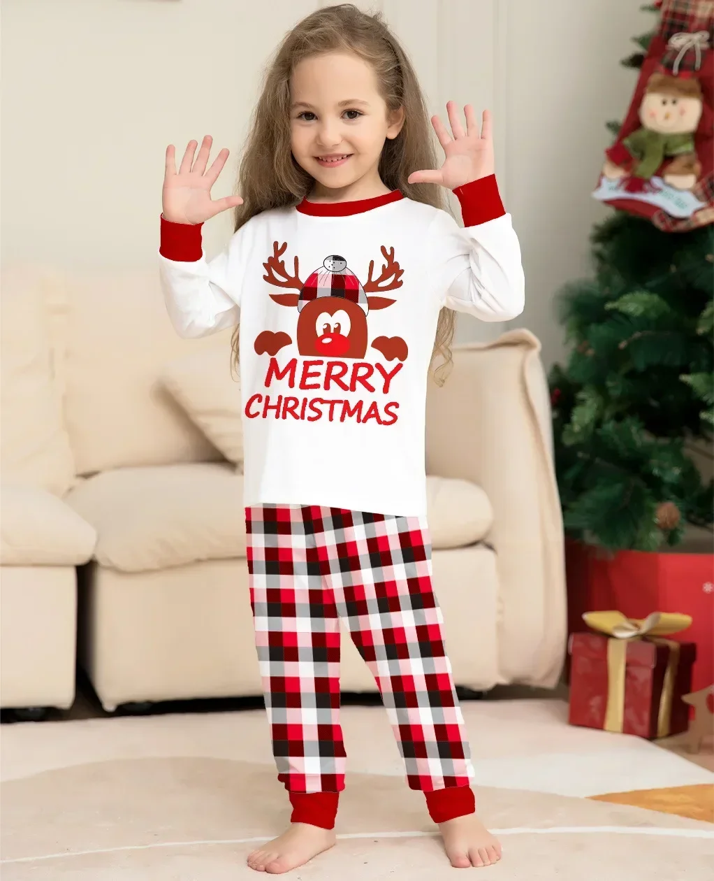 Merry Christmas Print Matching Family Outfits 2024 Winter Cartoon Cute Plaid Pajamas Set Soft Casual Sleepwear Pyjamas Xmas Look 4