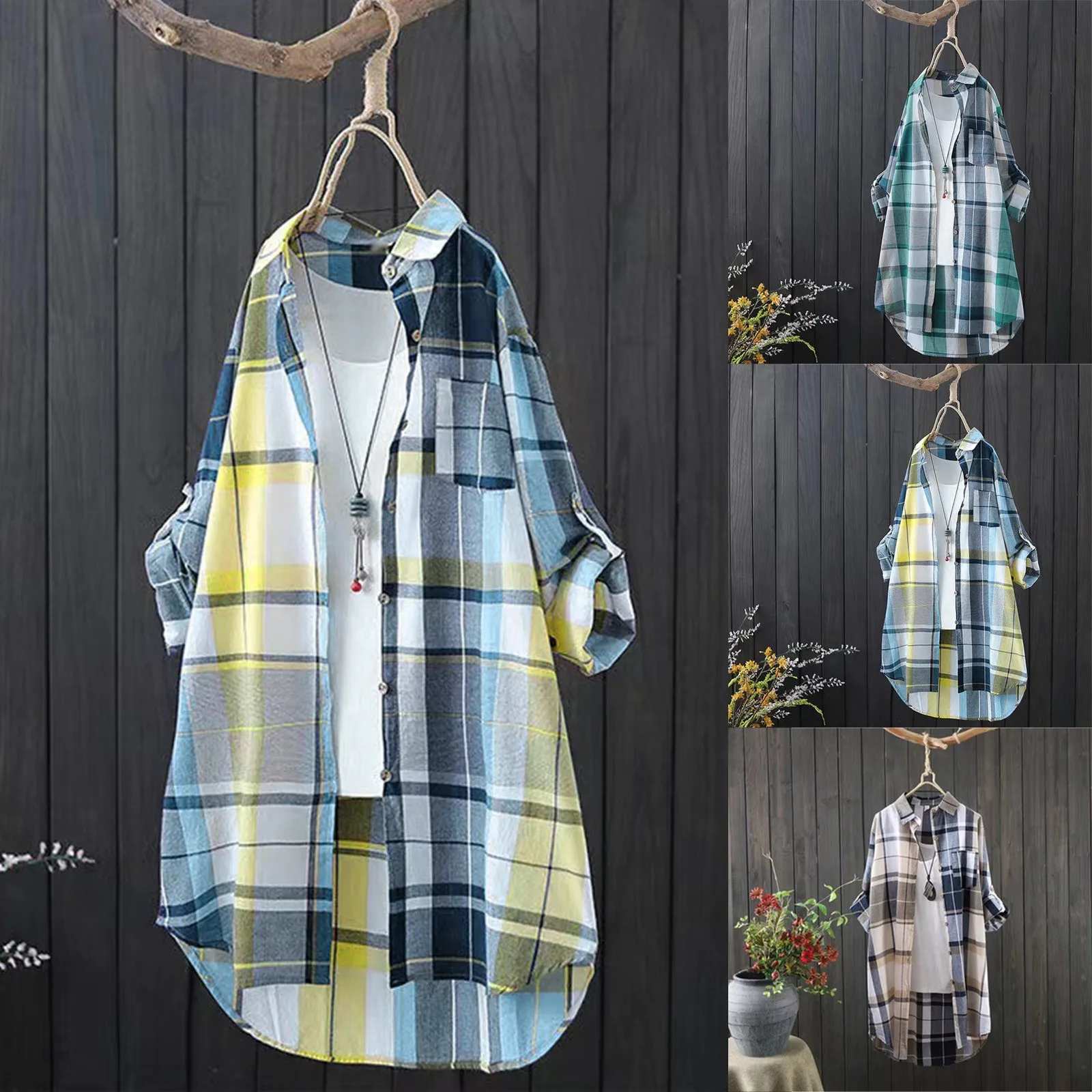 

Women Loose Shirts Blouse Turn Down Collar Long Sleeve Single-breasted Patch Pocket Shirt Classic Plaid Print Cardigan Top Blusa