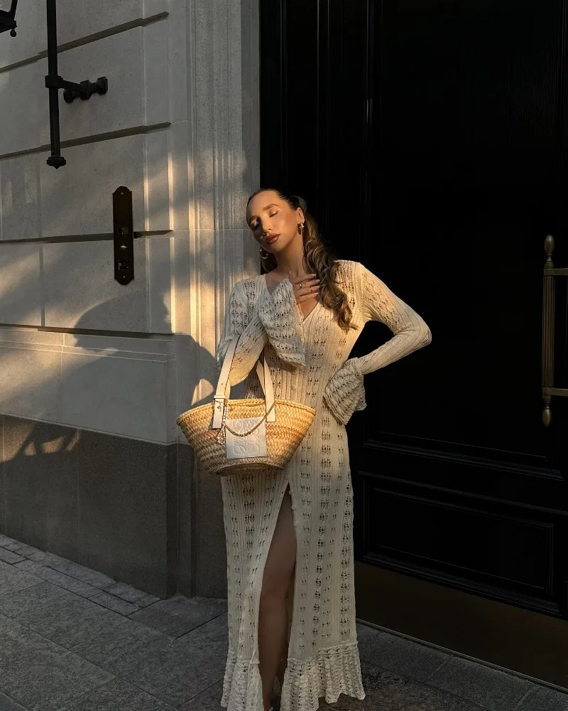 Deep V Neck Long Cardigan Dress - Elegant Hollow Knit Cover Up for Women