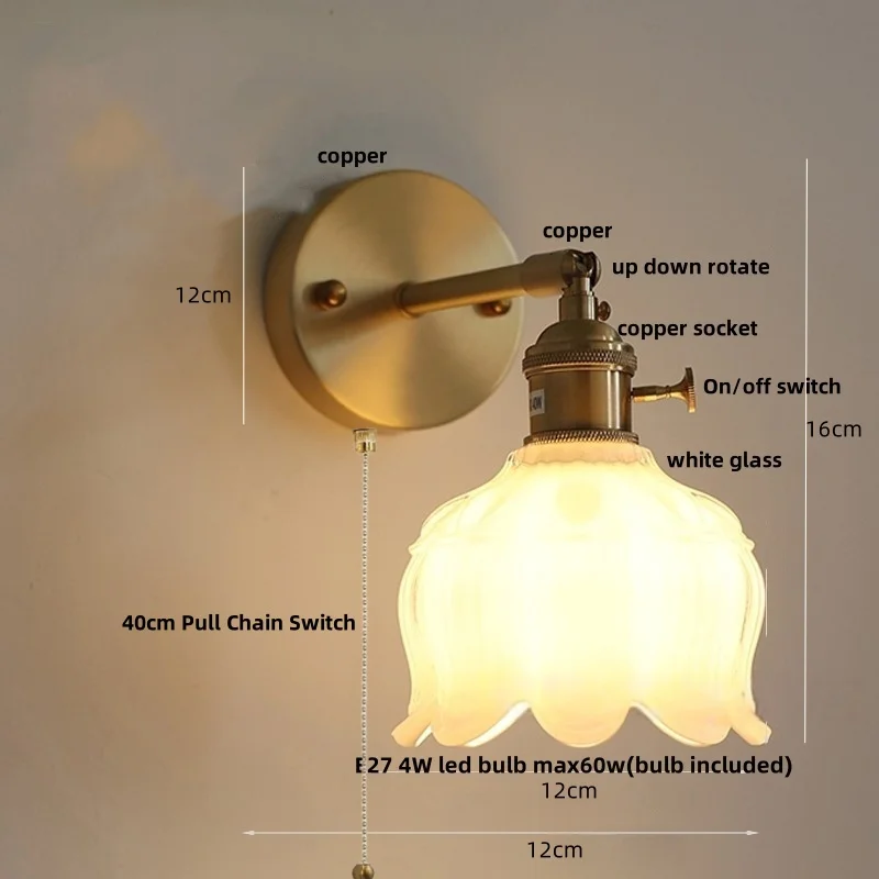 IWHD Copper Rotate LED Wall Light Fixtures Pull Chain Switch Foyer Bedroom Aisle Nordic Modern Flower Glass Bedside Lamp Sconce