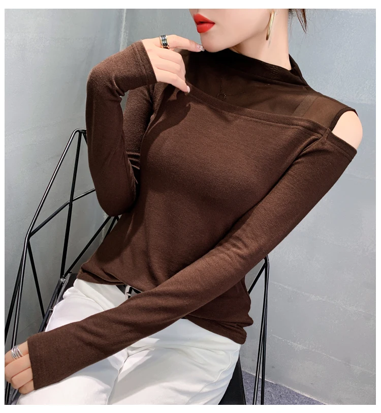 

New Korean Fashion Casual Mesh See-through Splicing Hot Fix Woman Tshirts Women Sexy Tops Female Ladies Slim Clothes Py8951