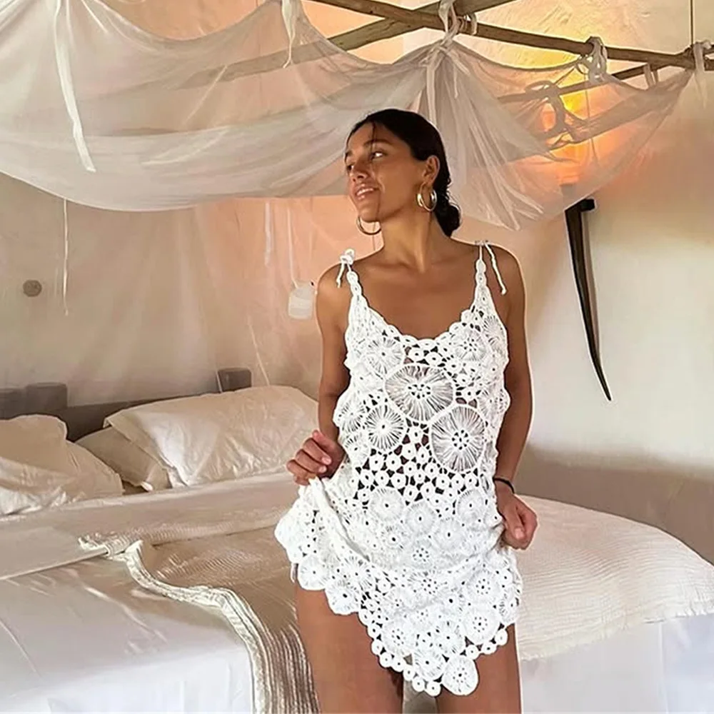 HOTSHOTSexy Flower Crochet Swimsuit Dress Women Beach Cover Ups Slim U Neck Hollow Out Sleeveless Irregular Hem Mini Beach Dress 3