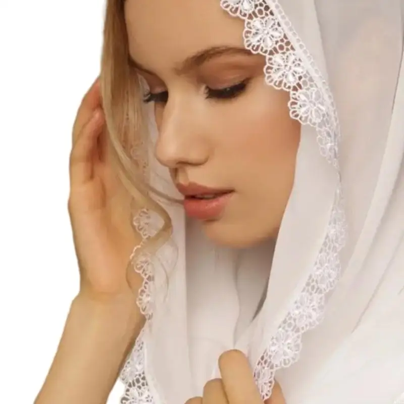 Woman Church Lace Trim Veil with Floral Pattern Large Veil Sunproof for Summer