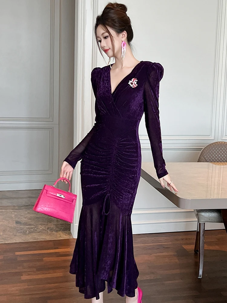 Women Clothes Purple Velvet Sheer Sexy V-Neck Folds Slim Evening Dress Elegant Ladies Vintage Robe Party Prom Vestidos Fashion - AliExpress 200000345 Women Clothes Purple Velvet Sheer Sexy V-Neck Folds Slim Evening Dress Elegant Ladies Vintage Robe Party Prom Vestidos Fashion - AliExpress 200000345