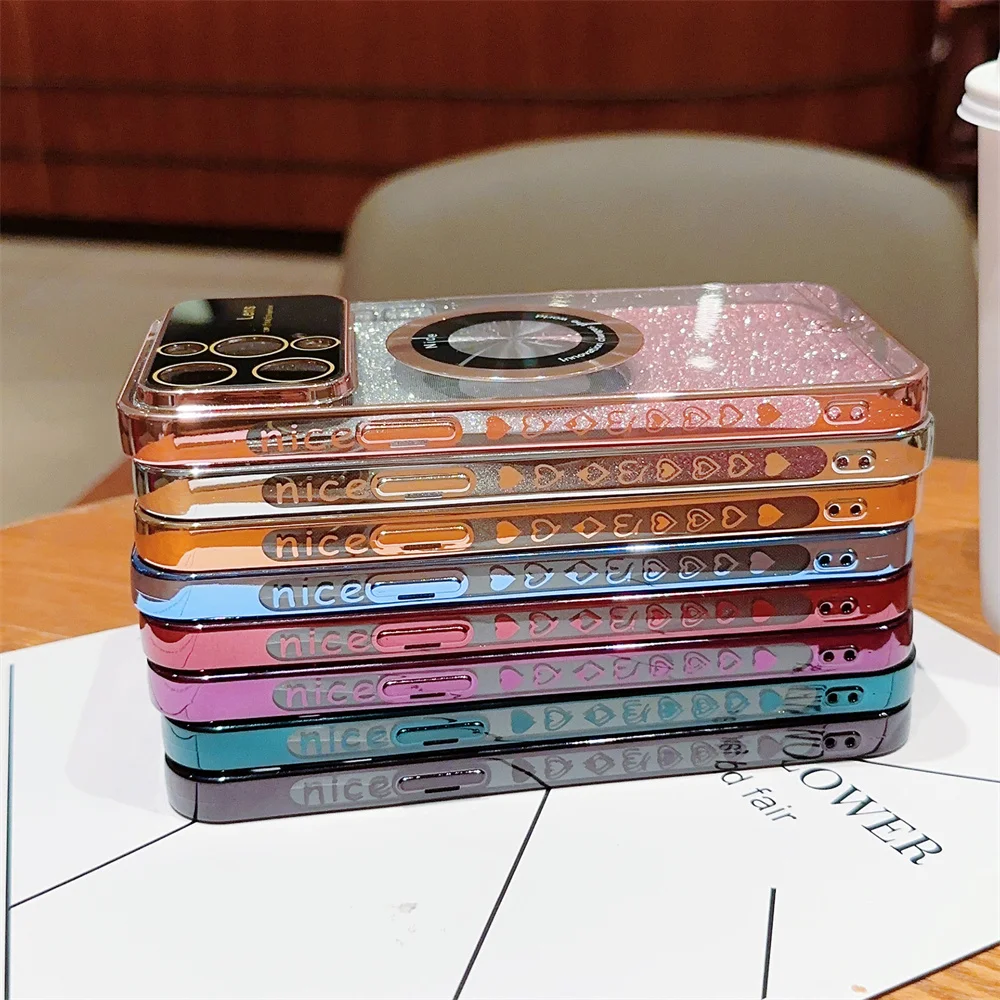 Gradient Glitter Love Heart Magnetic Clear Phone Case For iPhone 15 14 13 12 11 Pro Max Plus Bumper Lens Protector Soft_voghion.com
