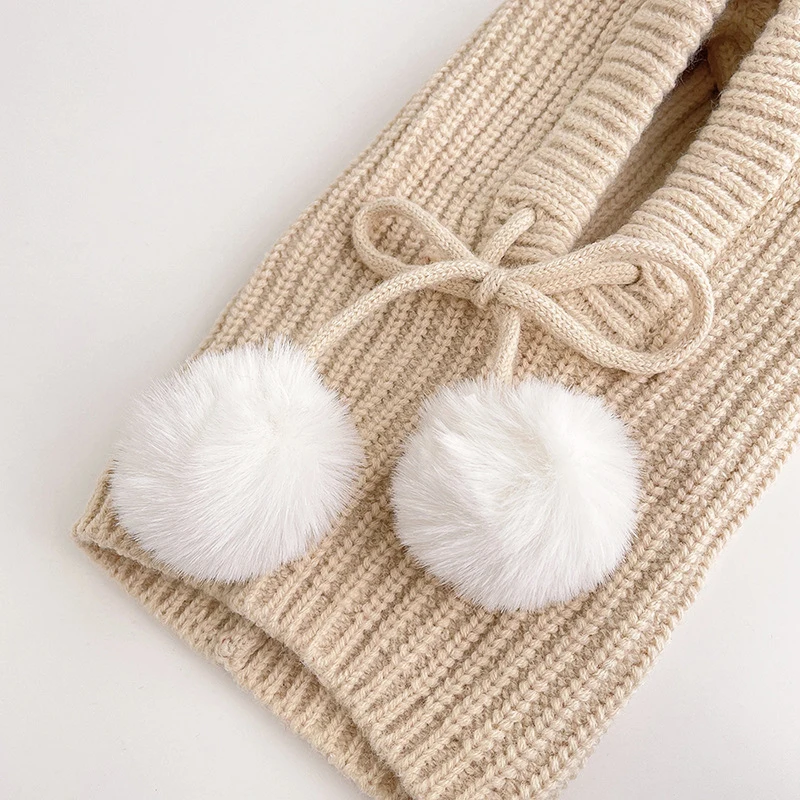 Baby Kid Knit Hooded Scarf Girl Boy Pom Pom Drawstring Hat Scarves Winter Child Outside Warm Accessories Wear 1-5T