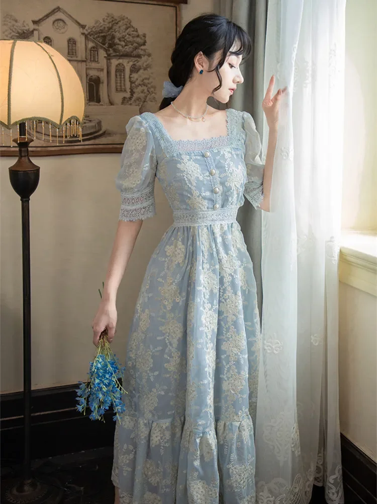 Vintage Lace Embroidery Fairy Dress Women Retro French Style