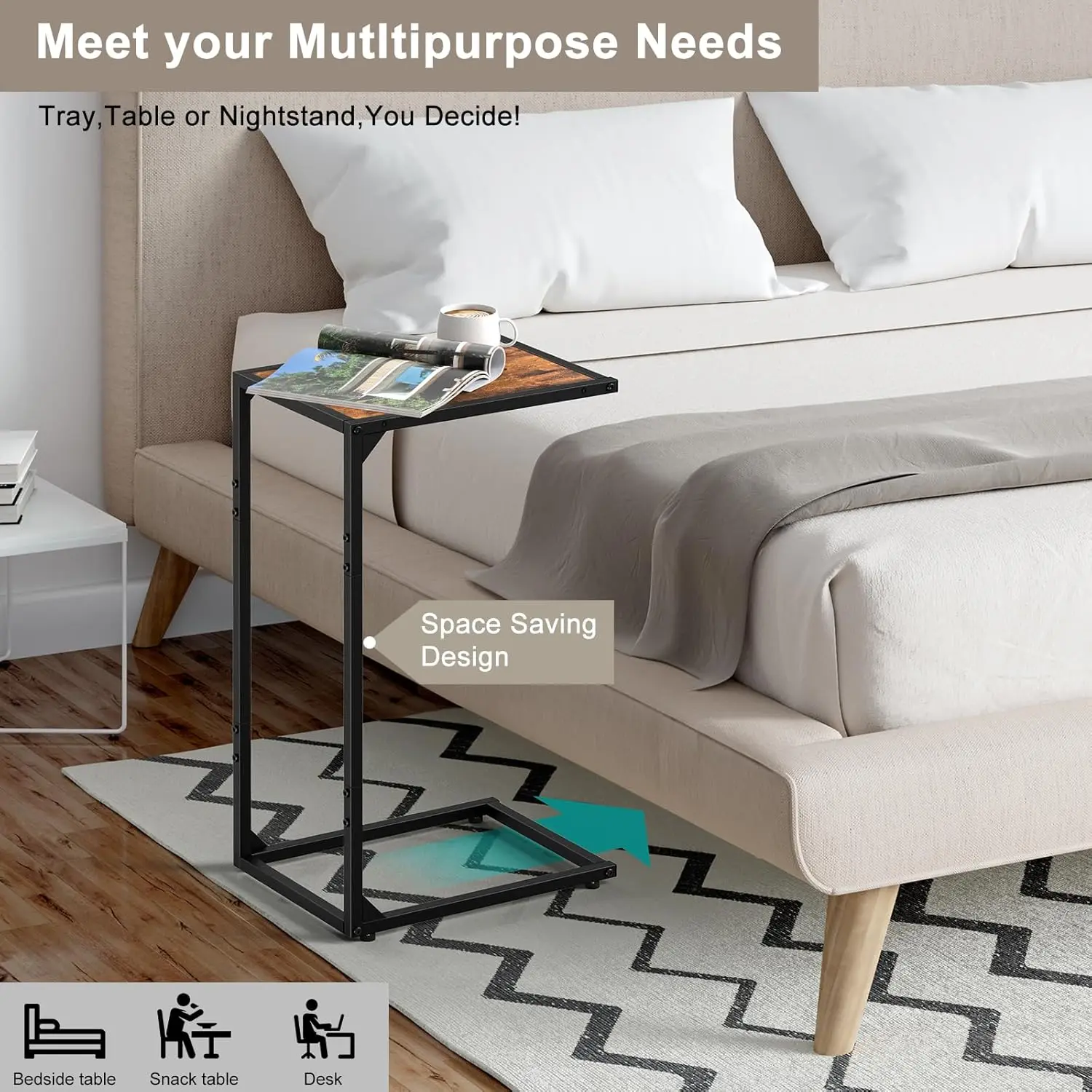 Side Table/C Shaped End Table for Couch & Bed, TV Tray for Eating on Couch, Small End Tables Small Spaces, Easy Assembly