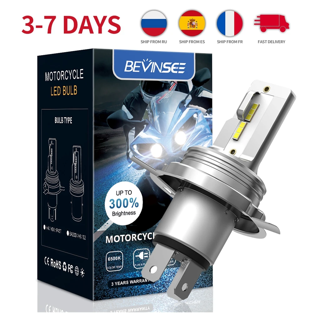 Bevinsee H4 Led Motorcycle Bulbs Ba20d Headlight 12v 1500lm 6000k Pure