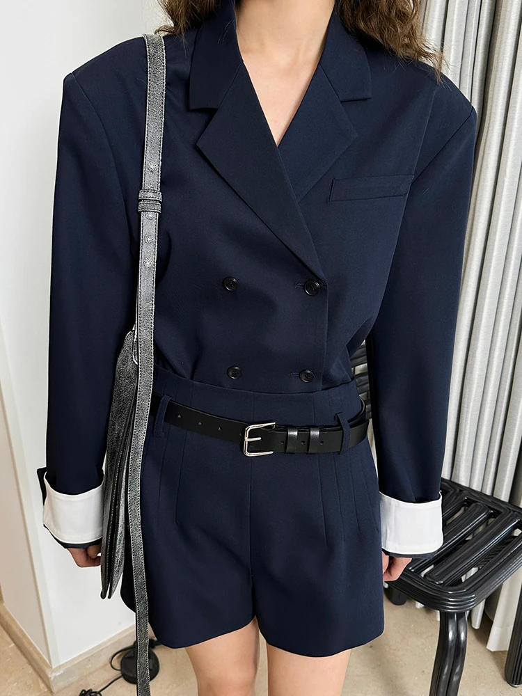 [LANMREM] Fashion Contrast Color Short Blazers For Women Solid Double Breasted Office Lady Jackets 2024 Spring New 26D8614