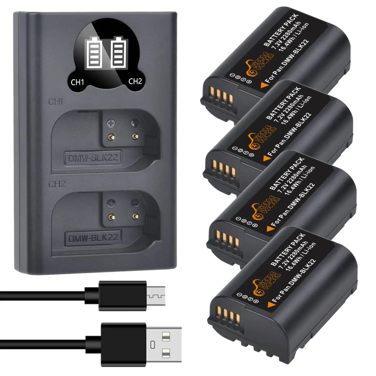 Pickle Power Dmw-Blk22 Blk22 Batteria + Led Usb Dual Charger Per Panasonic Lumix Gh5 Mark Ii, Gh5,Dc-S5,Dc-S5K