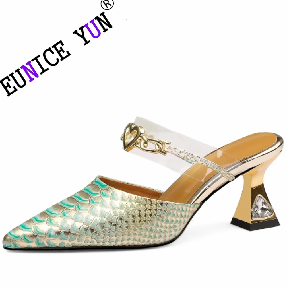 

【EUNICE YUN】Women Genuine Leather Mules Pointed Toe Thick High Heels Bow Crystal Mixed Colors Ladies Fashion Shoes 34-43