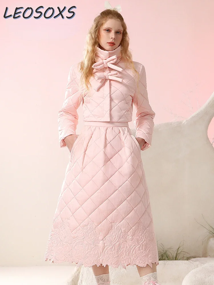 Elegant Lady Pink Cotton-Padded Coat Jacket Set for Women 2023 Winter New Bow Coats Embroidered Mid-Length Skirt 2-Piece Set