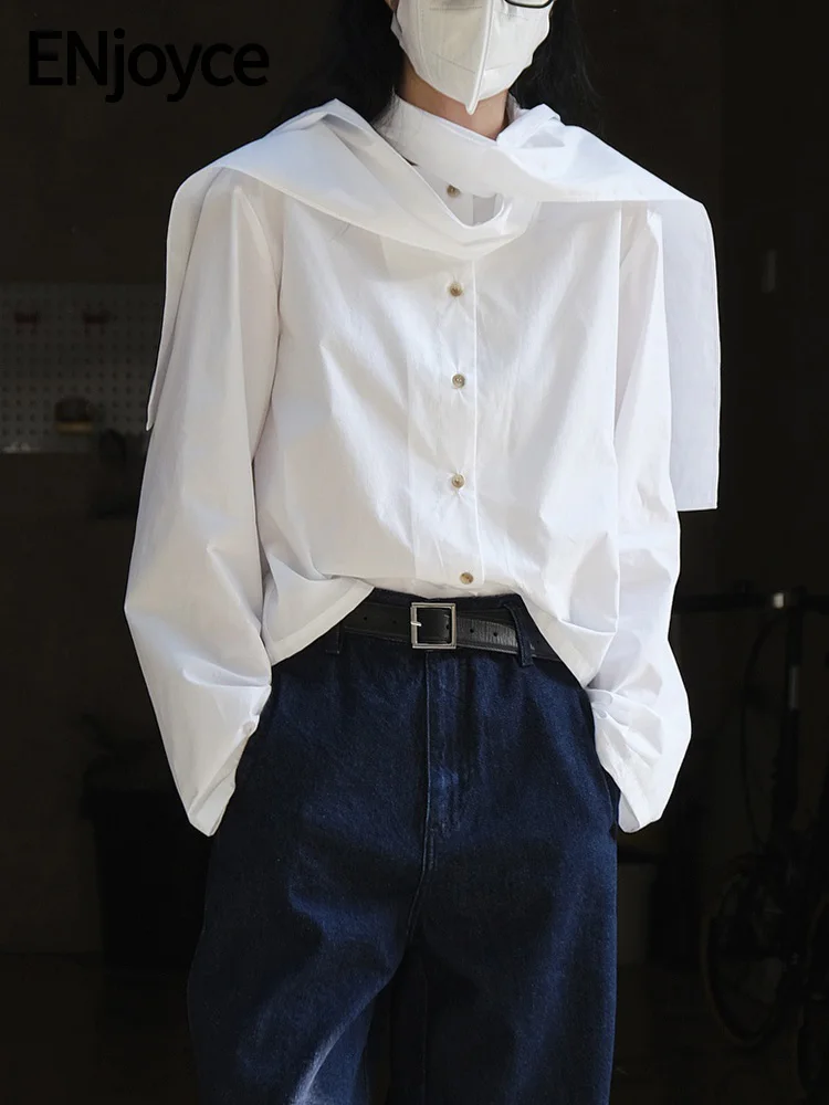 

Женская блузка со съемным шарфом, белая укороченная блузка с круглым вырезом и длинными рукавами в Корейском стиле, одежда для работы, весна 2024