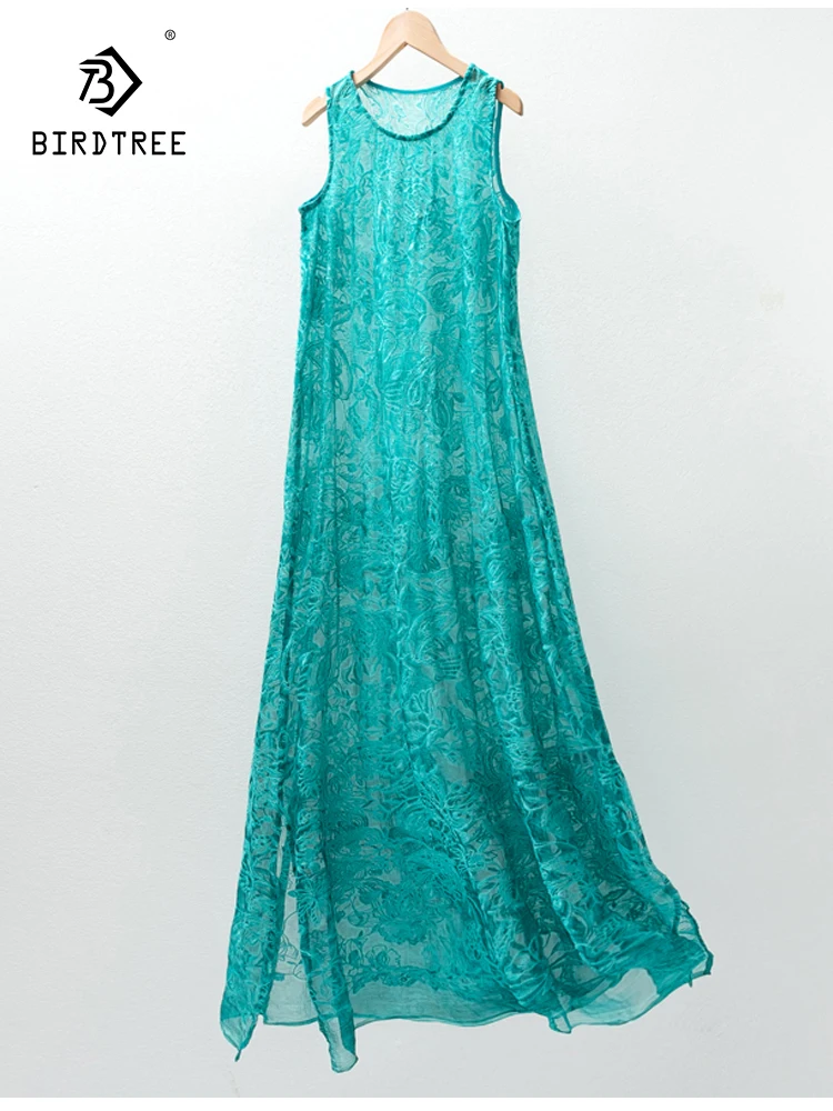 

Birdtree 100%Mulberry Silk Women Tank Dress Transparent Long Type Blue Embroidery Sleeveless O Neck A-Line Dresses New D37910QC