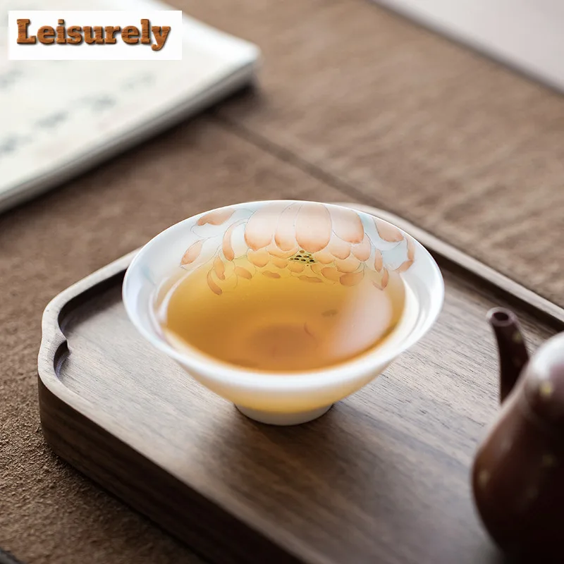 90ml Hand-painted Lotus Bamboo Hat Thin Tire Teacup Luxury Tea Bowl Mug Tea-tasting Meditation Cup Jianzhan Master Cups For Tea