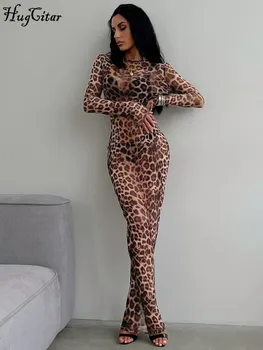 Hugcitar Maglia con stampa leopardata Manica lunga Sexy Slim See Through Maxi abito Autunno Abiti moda donna Beach Vacation Club 1
