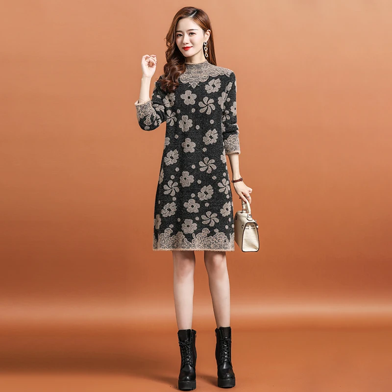 

2022 New Autumn Winter Women Sweater Base Dress High Quality Sweet Flowers Jacquard Mink Velvet Knitted Dress