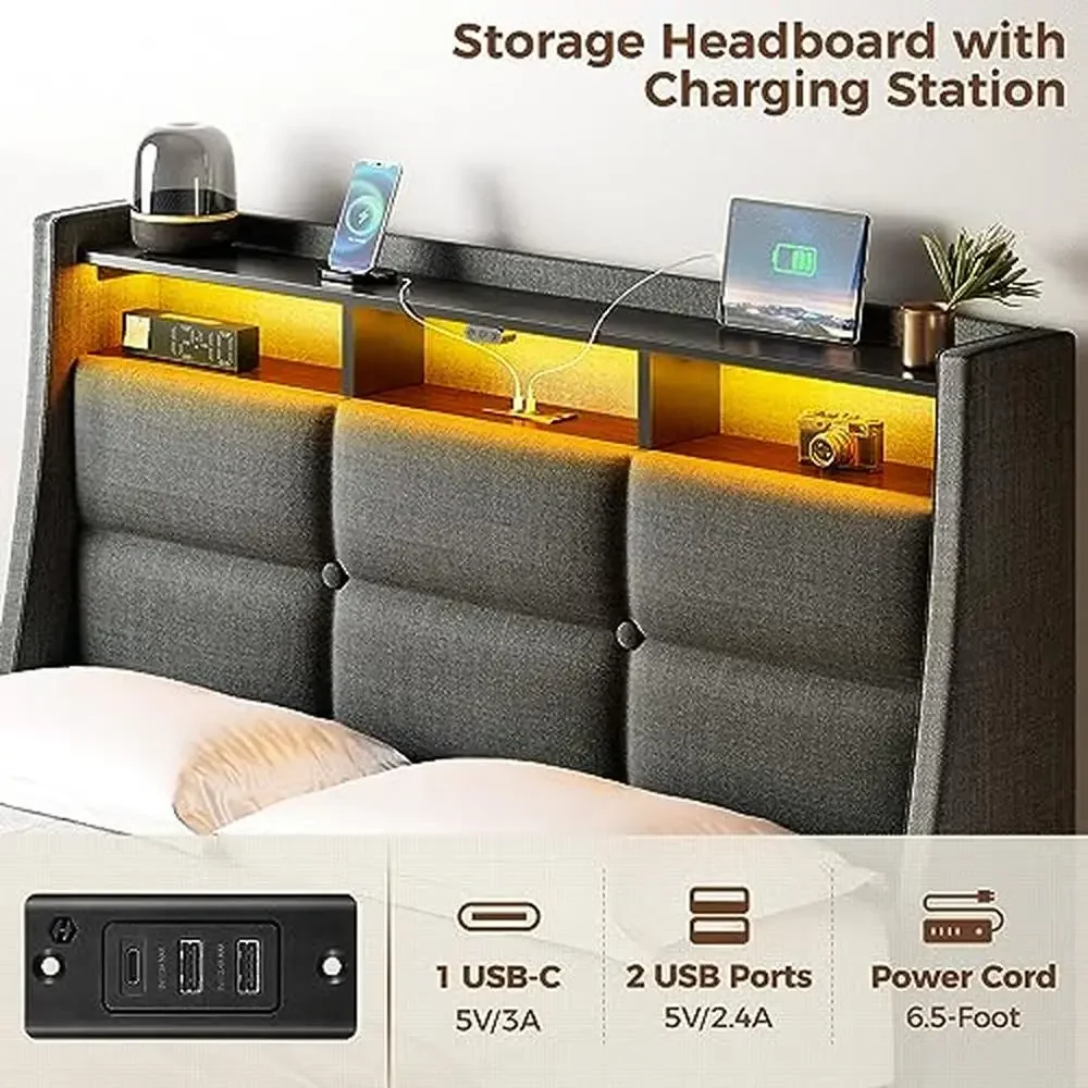 Twin Size Bed Frame LED Lights USB Charging Station Sliding Drawers Grey Linen Storage Shelf