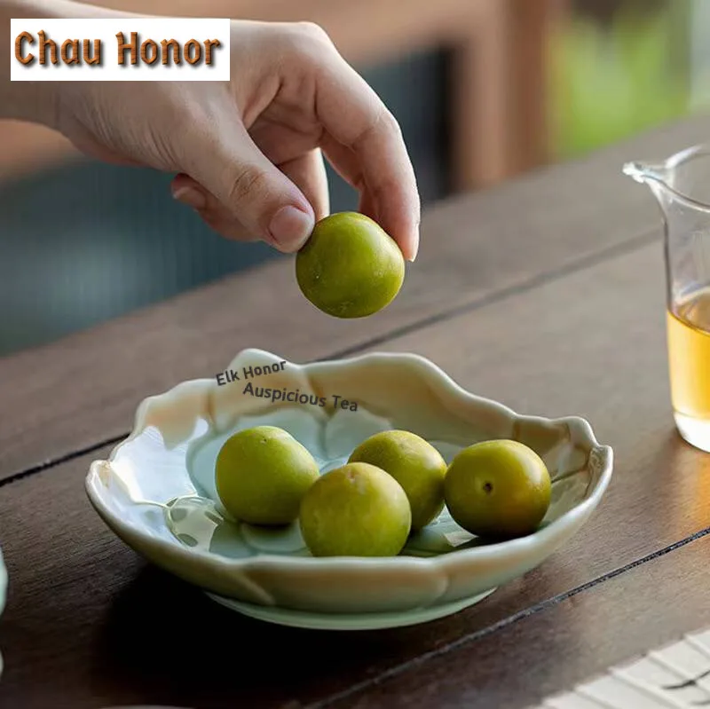 Retro Gradient Blue Carved Flower Sitting Lotus Pot Bearing Plate Ceramic Dry Brewing Table Tea Tray Refreshment Dry Fruit Plate