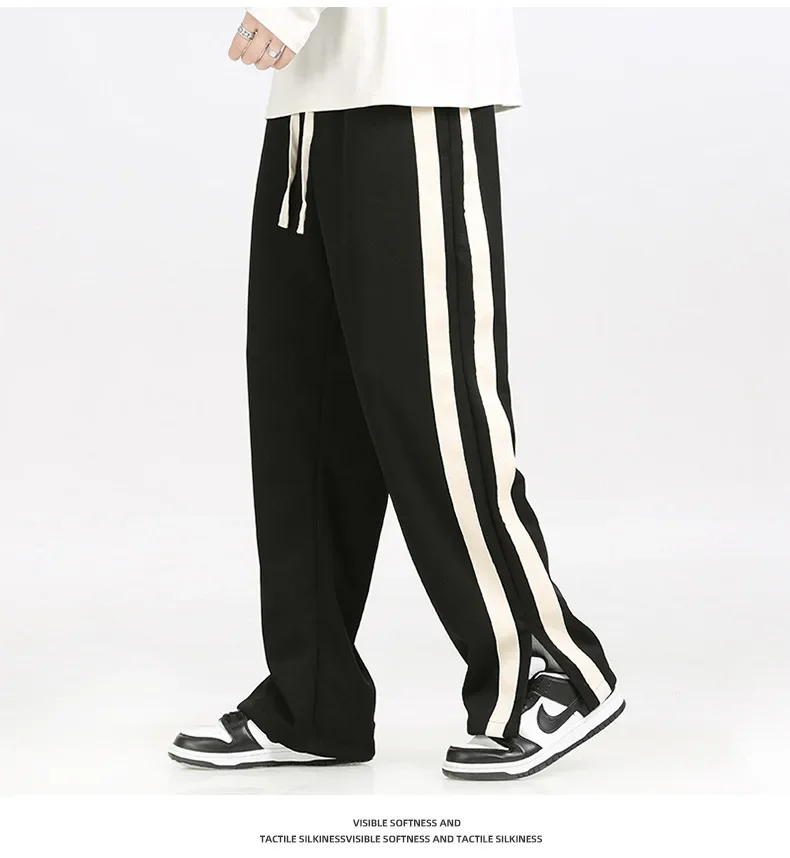 Men's Striped Slit Pants Spring Autumn Straight Wide Leg Trousers High Street Loose Casual Trousers 2024 Fashion Men Clothing