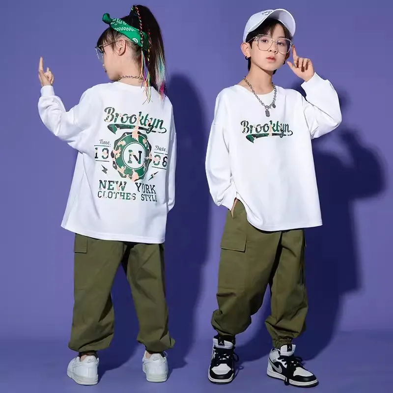 

Ballroom Hip Hop Dance Clothes For KidsLong Sleeves White Sweatshirt Green Pants Loose Jazz Practice Wear Boys Girls Set BL11399