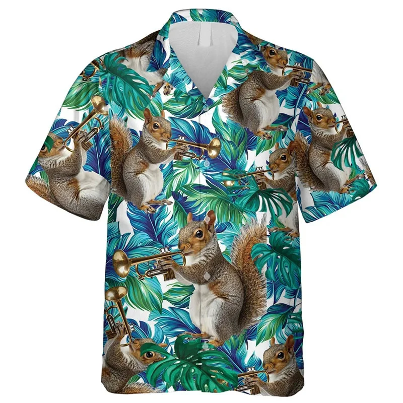 thumbnail image 1 of Camisa hawaiana con estampado de ardillas para hombre, camisas hawaianas con estampado de animales de dibujos animados en 3D, blusas casuales con solapa, blusas de manga corta para niños, 1 of 5