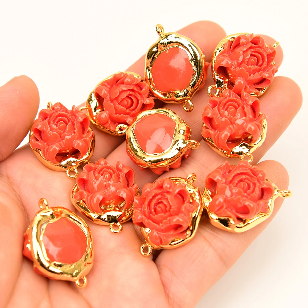 APDGG 5 Pcs Orange Red Resin Coral Flower Gold Plated Connector Double Ring Jewelry Finding