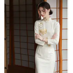 Cheongsam Dress Women's Plus Size 2022 Spring New Cotton Blend Jacquard Chinese Style Stand Collar Slim Fit Qipao Dresses Woman