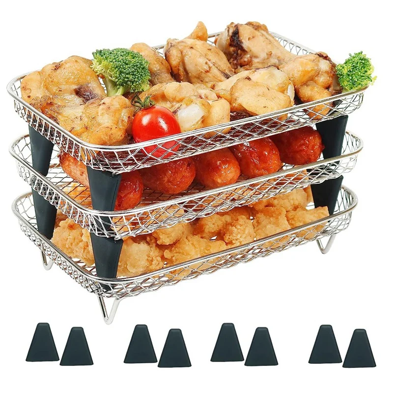 Air Fryer Rack For Ninja Dual Basket, 3 Layers, Stacking Bacon Racks For Ninja Dz201, Dz401 Foot Pads