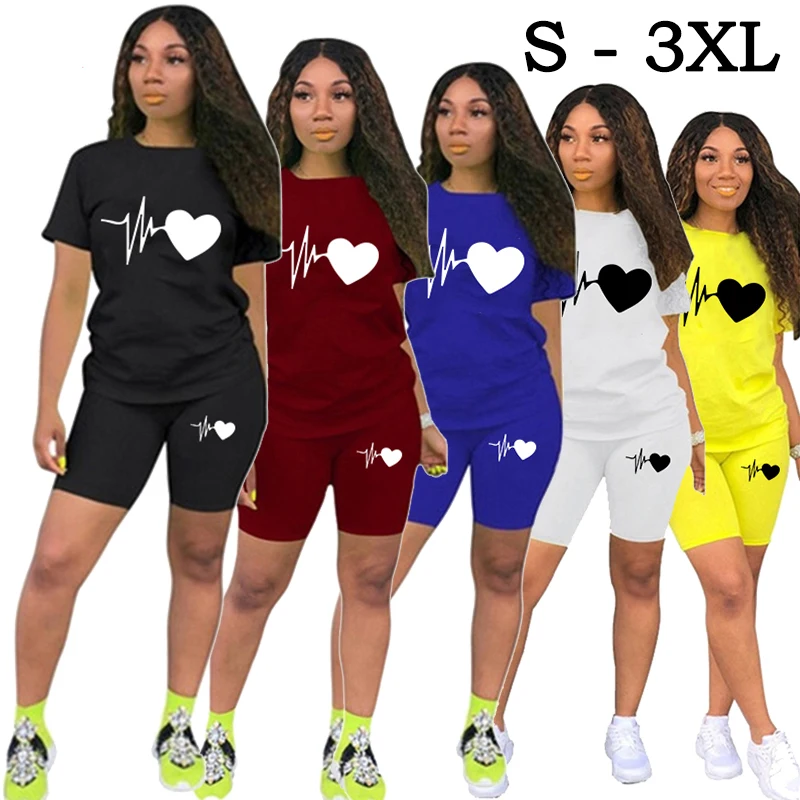 Women's solid color sports casual two-piece short-sleeved T-shirt top shorts set solid color sportswear S-3XL