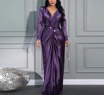 Elegant V-neck Evening Dress With Pleated Waist Long Sleeve