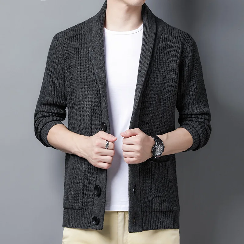 2023 New Spring Autumn Knitted Cardigan Men Solid Color V Neck Slim Fit Sweatercoat Turn Down Collar Casual Single Breasted Tops
