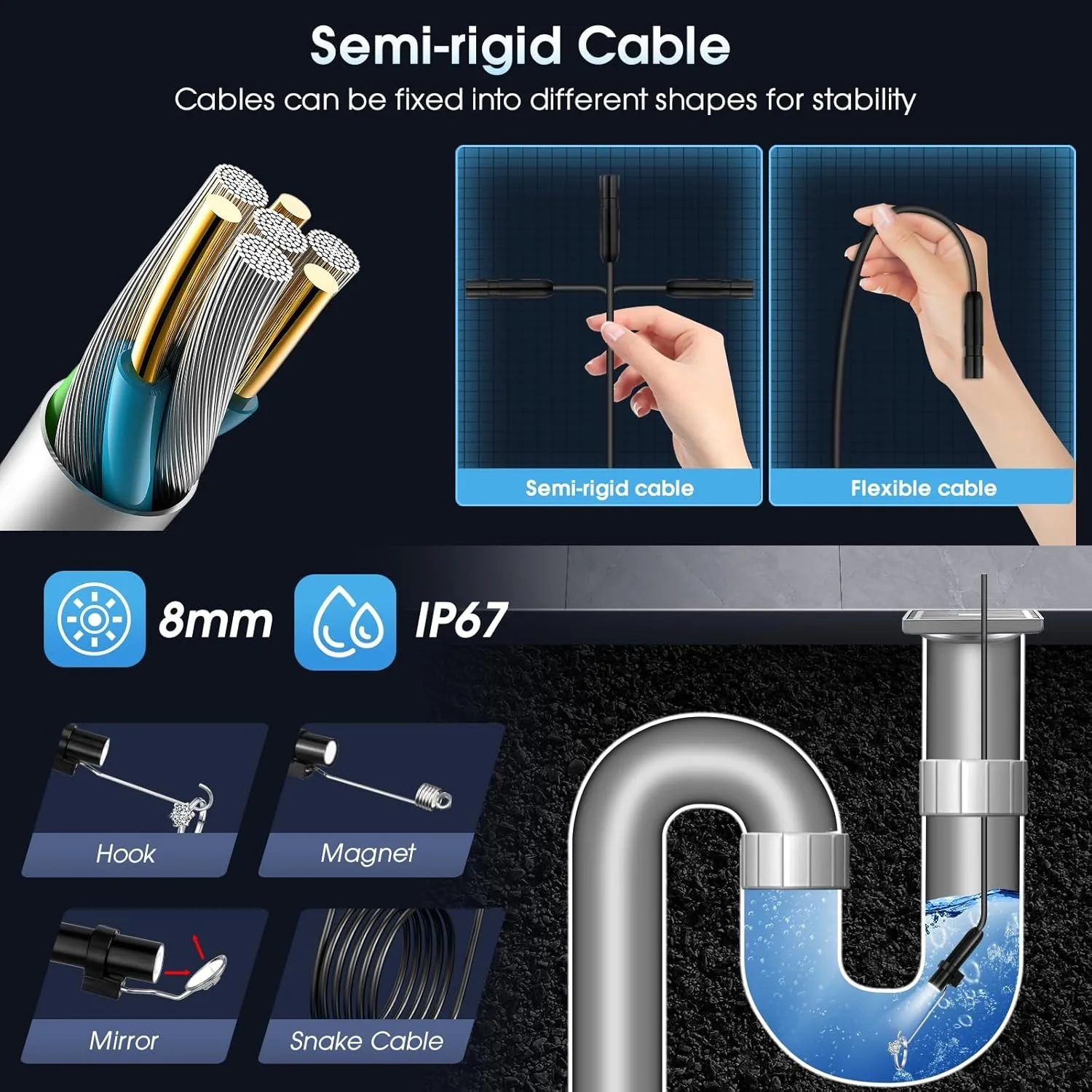 8mm IP67 Waterproof Endoscope Camera with 8 Adjustable LED Lights, Pipeline Inspection Borescope for iOS/Android Phone Tablet 4