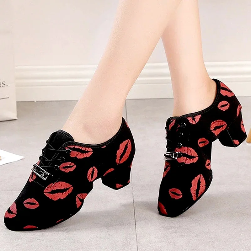 Latin Dance Shoes Red lip Women modern ballroom dancing shoes Cloth Mesh shoes 