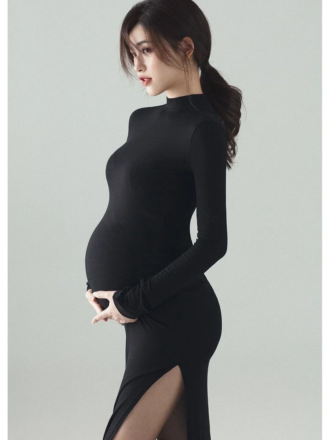 

Sexy Split Side Maternity Dresses Photography Props Black Long Pregnancy Clothes Photo Shoot For Pregnant Women Dress