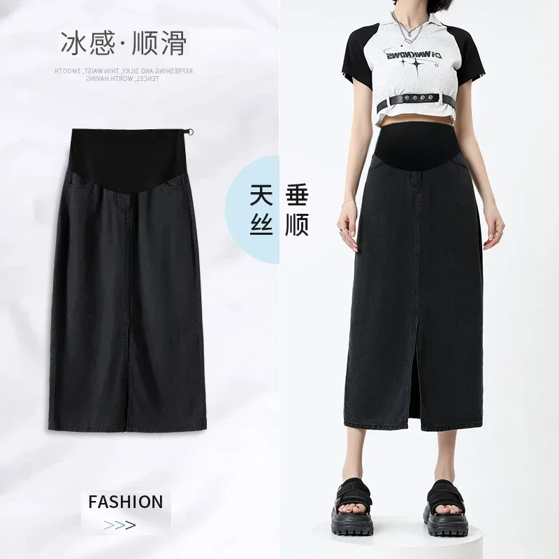 Front Splits Soft Breathable Lyocell Denim Skirts Cool Maternity Summer Dropping Adjustable Pencil for Pregnant Women Pregnancy